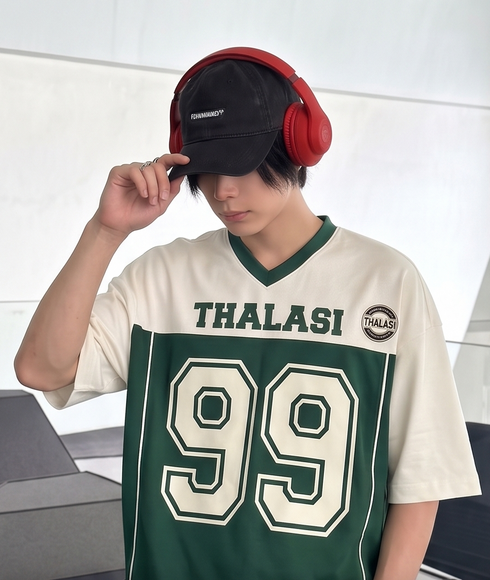 THALASI Men's Oversized V-Neck Graphic T-Shirt | Black & White Streetwear