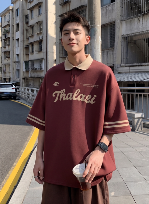 THALASI Men's Black Oversized Polo T-Shirt | Streetwear Typography Tee