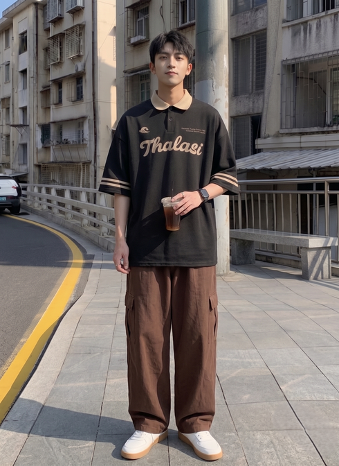 THALASI Men's Black Oversized Polo T-Shirt | Streetwear Typography Tee
