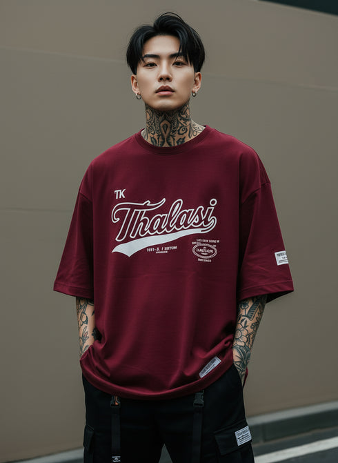THALASI Men Cotton TK THALASI Maron Printed Aesthetic Oversized Tshirt for Men