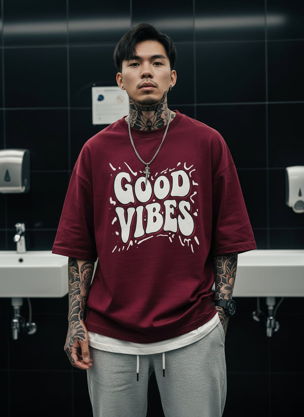 THALASI Men Cotton GOODVIBS Maron Printed Aesthetic Oversized Tshirt for Men