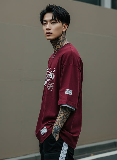 THALASI Men Cotton TK THALASI Maron Printed Aesthetic Oversized Tshirt for Men