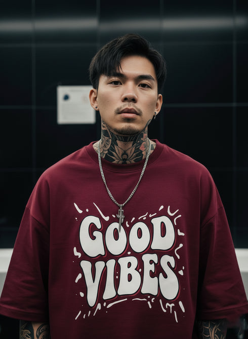 THALASI Men Cotton GOODVIBS Maron Printed Aesthetic Oversized Tshirt for Men