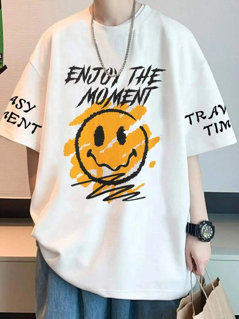 Men's Smile Print White Oversized T-Shirt