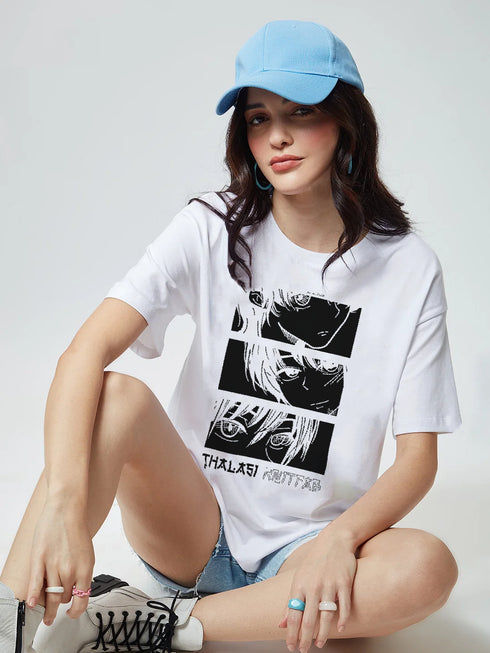 Oversized Anime White Printed T-shirt for Womens/Girls