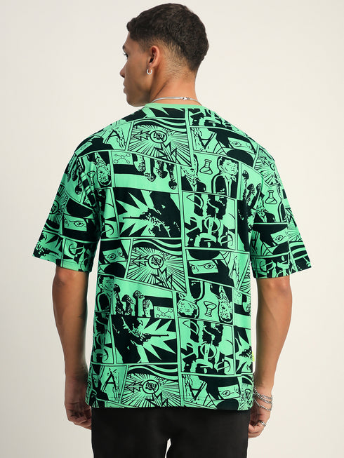 THALASI Comic All Over Printed Green Anime Oversized T shirts for Men