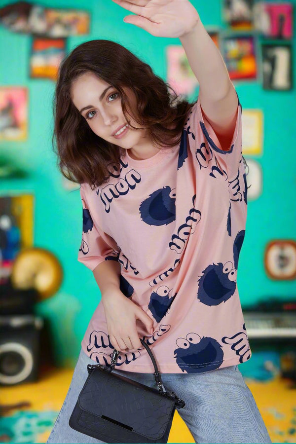 Korean Print : Peach Oversized Tshirts for Womens