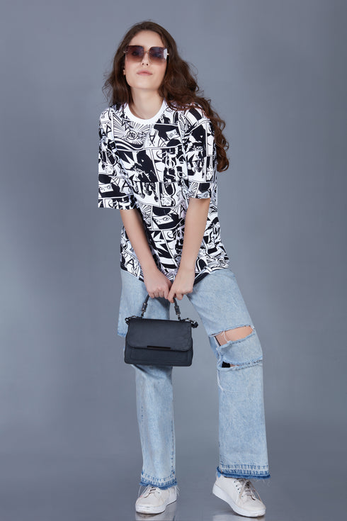 Comic All Over Printed Green Anime Oversized T shirts for Women