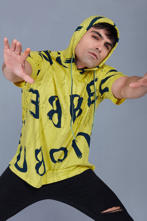 Oversized with Hood : All Over Printed Yellow Hood Oversized T shirts for Men