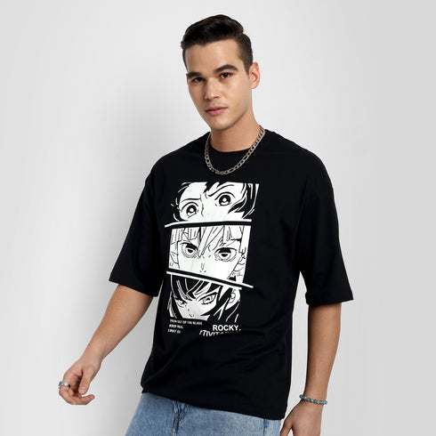 Anime Black Printed Couple T-shirt