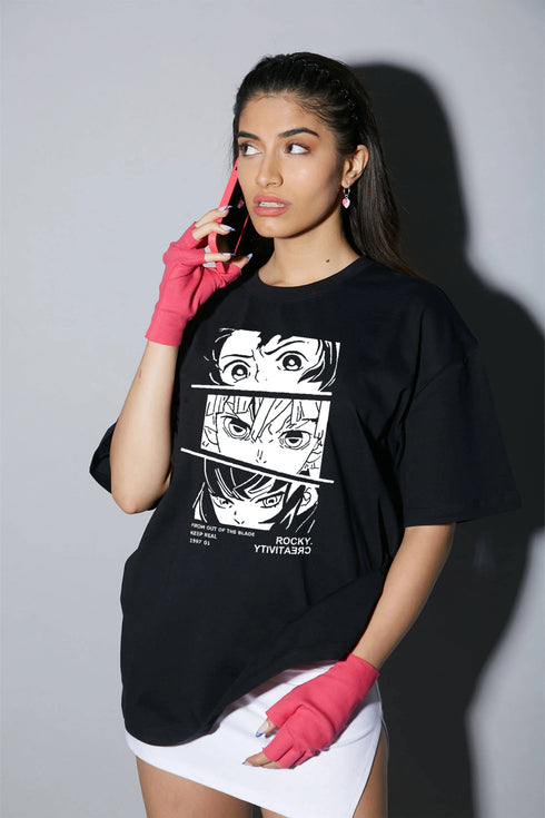 Anime Black Printed Couple T-shirt