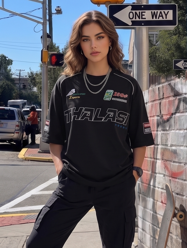 THALASI PIPING Oversized Graphic T-Shirt for Women