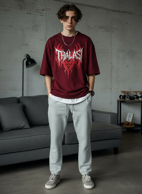THALASI Men Cotton Gothic Maron Printed Aesthetic Oversized Tshirt for Men