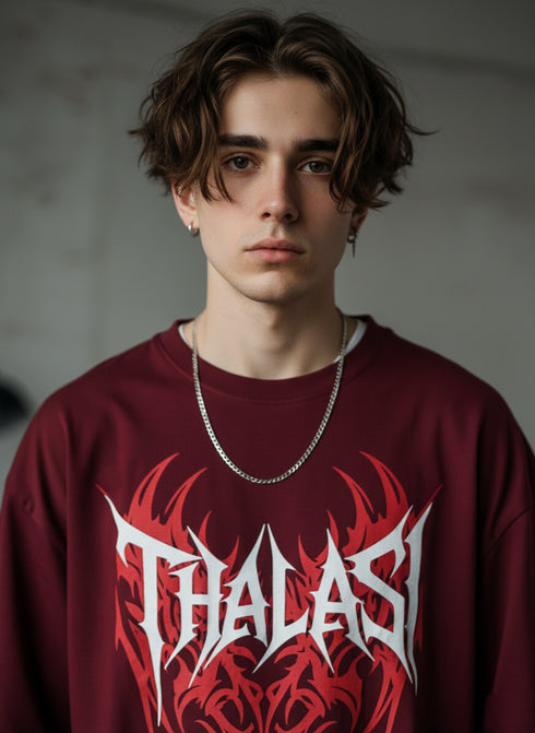 THALASI Men Cotton Gothic Maron Printed Aesthetic Oversized Tshirt for Men