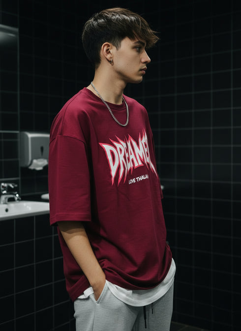 THALASI Men Cotton Dreamer Maron Printed Aesthetic Oversized Tshirt for Men