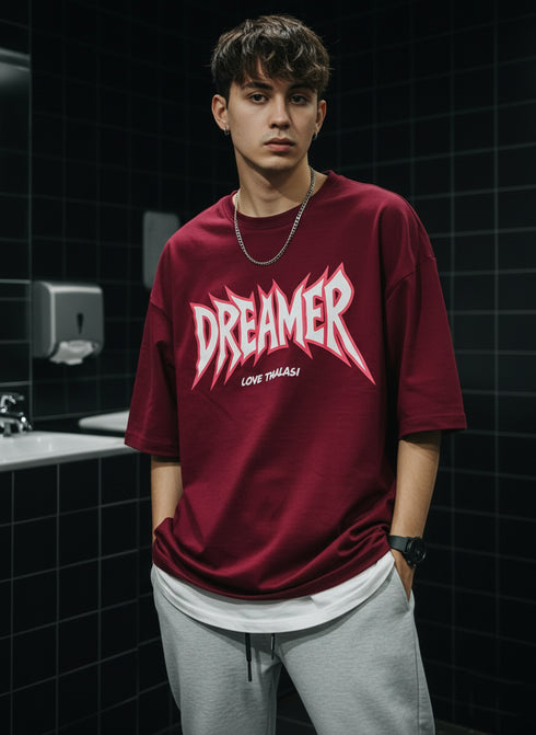 THALASI Men Cotton Dreamer Maron Printed Aesthetic Oversized Tshirt for Men