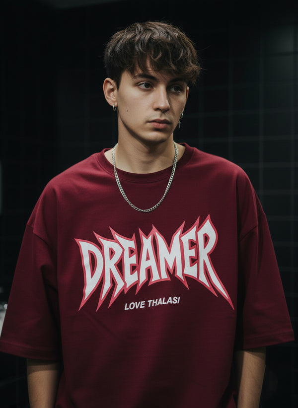 THALASI Men Cotton Dreamer Maron Printed Aesthetic Oversized Tshirt for Men