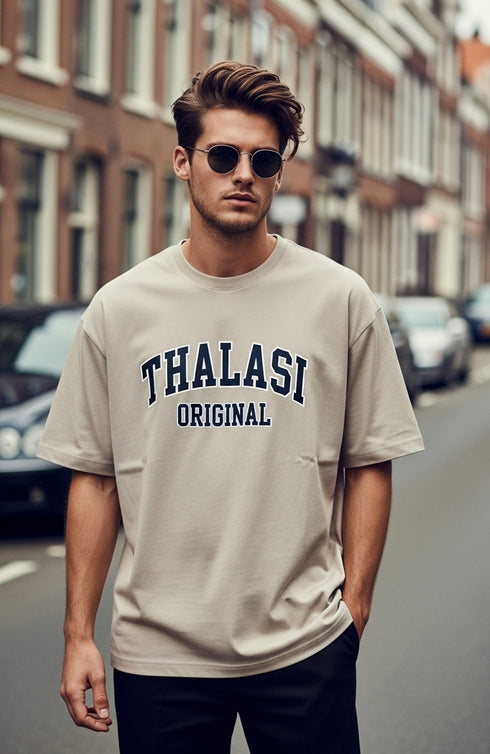 THALASI Men Cotton THALASI Cream Printed Aesthetic Oversized Tshirt for Men