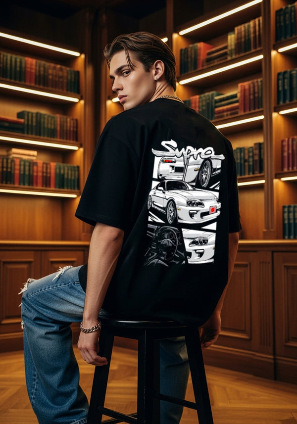 THALASI Men Cotton Supra Black Printed Aesthetic Oversized Tshirt for Men