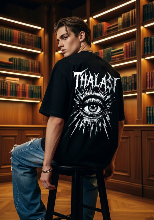 THALASI Men Cotton EYEBAL THALASI Black Printed Aesthetic Oversized Tshirt for Men