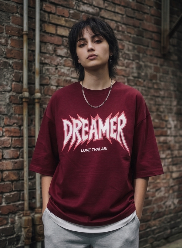 Oversized Dreamer Maroon Drop Shoulder Stylish T shirts For Women Girls