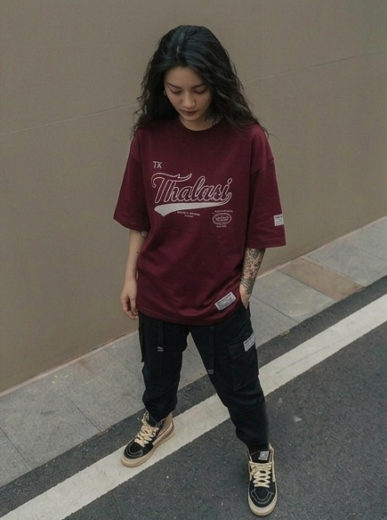 Oversized TK THALASI Maroon Drop Shoulder Stylish T shirts For Women Girls