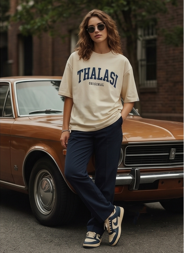 Women's oversized beige t-shirt, vintage typography streetwear, THALASI original tee, drop shoulder cotton t-shirt Women, baggy casual tops