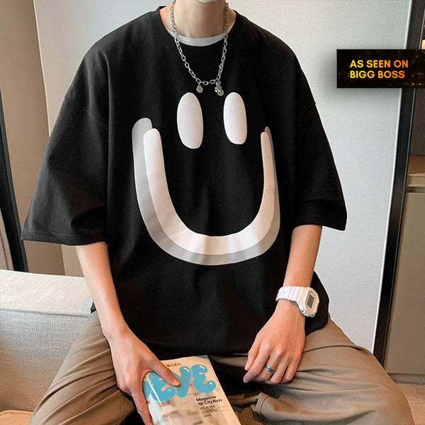 Smile Printed Black Oversized T-shirts for Men