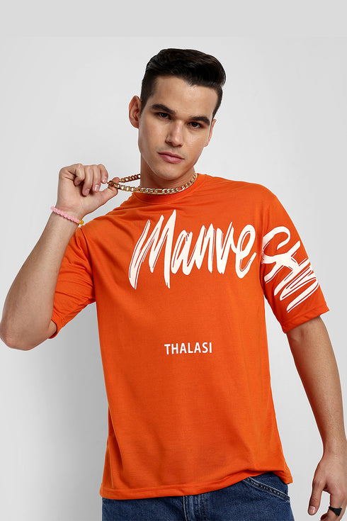 Orange Korean Back Print Oversized T Shirts for Men