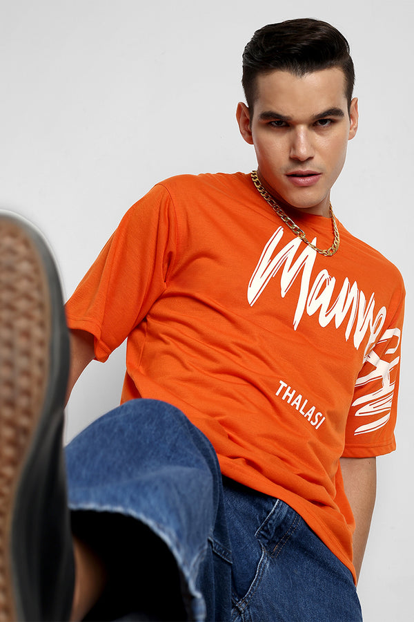 Orange Korean Back Print Oversized T Shirts for Men