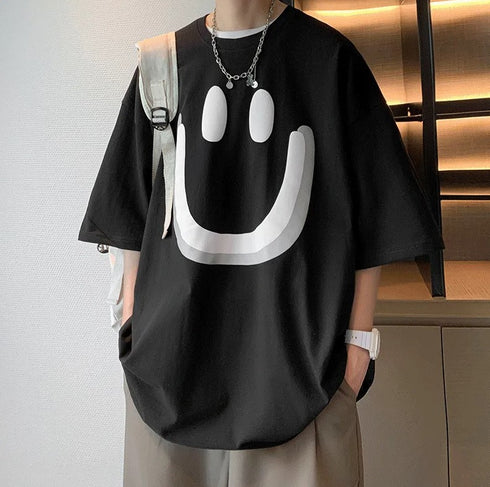 Smile Printed Black Oversized T-shirts for Men