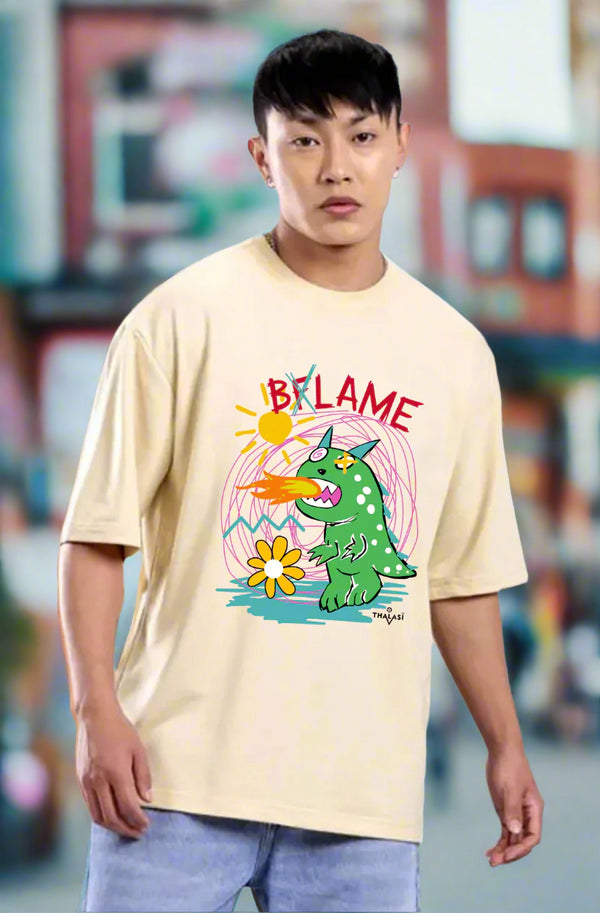 Men Beige Cotton Printed Aesthetic Oversized T shirt for Men