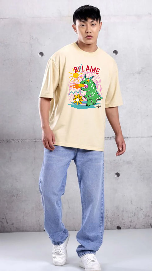 Men Beige Cotton Printed Aesthetic Oversized T shirt for Men