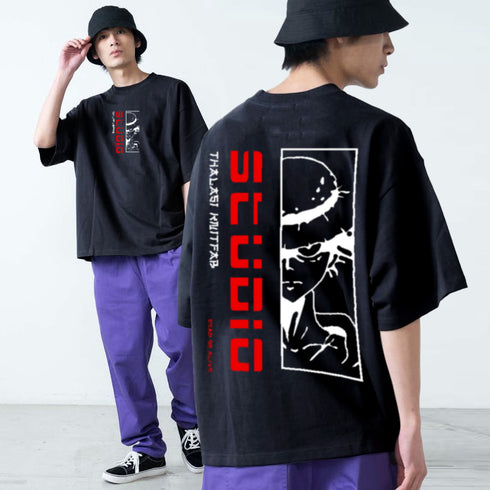 Men's Studio Anime Back Printed Black Oversized T shirt