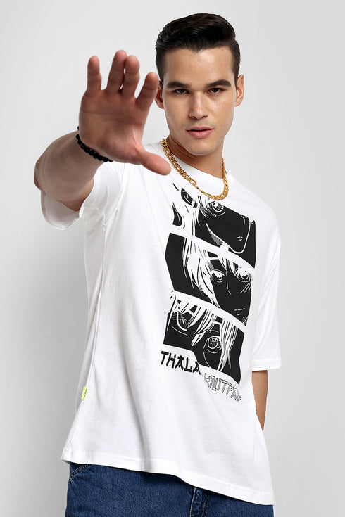 Men White Anime Oversized Baggy Fit T-Shirt