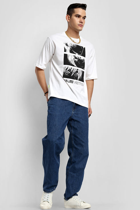 Men White Anime Oversized Baggy Fit T-Shirt