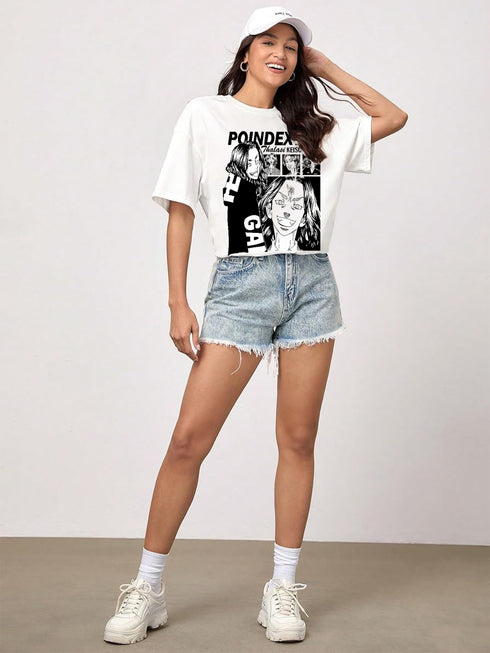 Poindexter Design: Women Oversized Anime White T-shirt