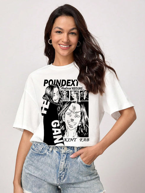 Poindexter Design: Women Oversized Anime White T-shirt