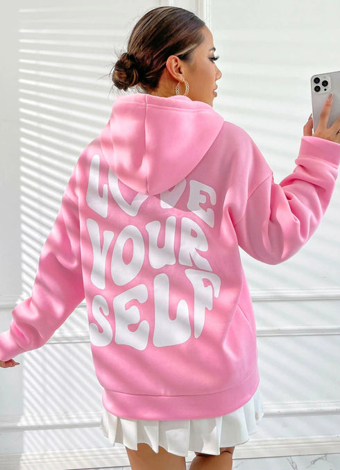 Women Back Printed Pink Sweatshirts with Hoodies for Winter