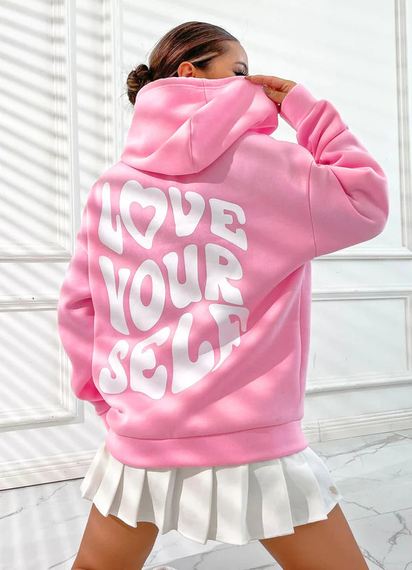 Women Back Printed Pink Sweatshirts with Hoodies for Winter