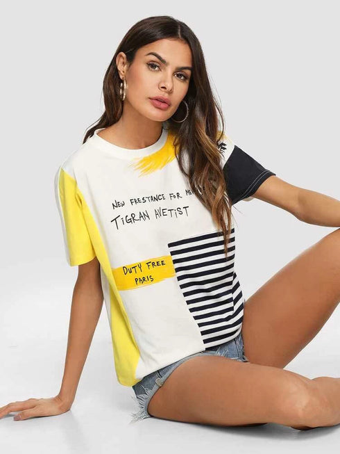 Womens Oversized Printed Yellow Cotton T-shirts