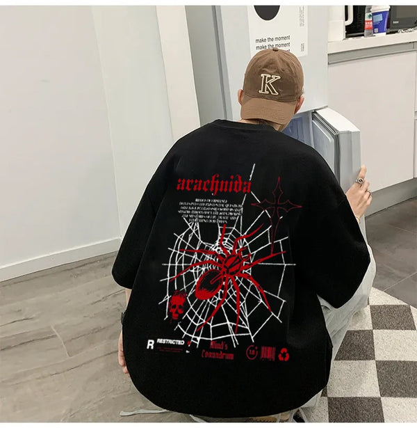THALASI Men Cotton Spider Black Printed Aesthetic Oversized Tshirt for Men