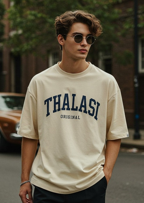 THALASI Men Cotton THALASI Cream Printed Aesthetic Oversized Tshirt for Men