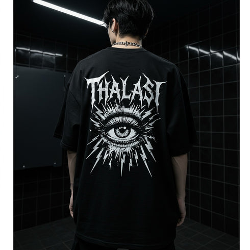 THALASI Men Cotton EYEBAL THALASI Black Printed Aesthetic Oversized Tshirt for Men
