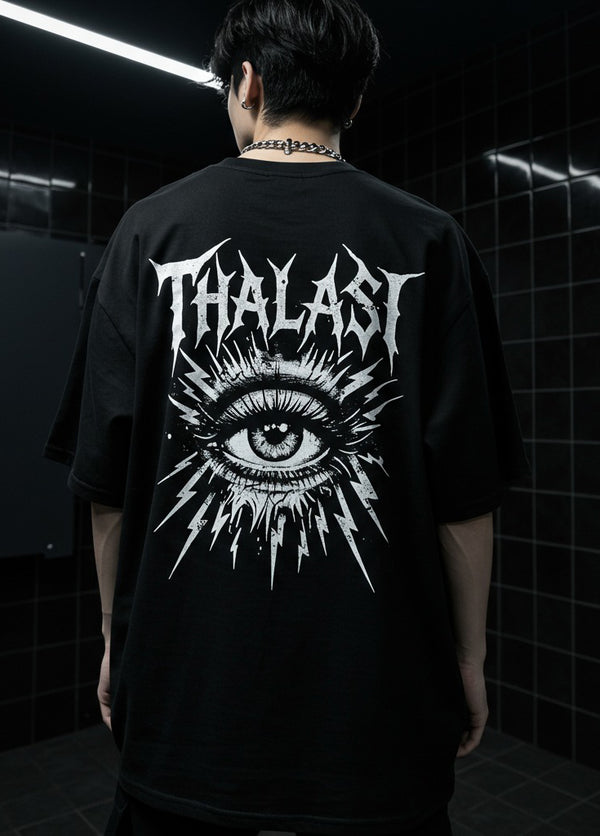 THALASI Men Cotton EYEBAL THALASI Black Printed Aesthetic Oversized Tshirt for Men