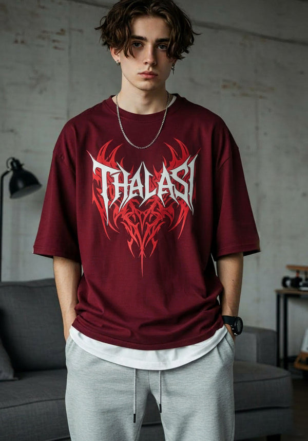 THALASI Men Cotton Gothic Maron Printed Aesthetic Oversized Tshirt for Men