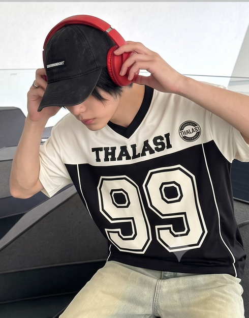 THALASI Men's Oversized V-Neck Graphic T-Shirt | Black & White Streetwear