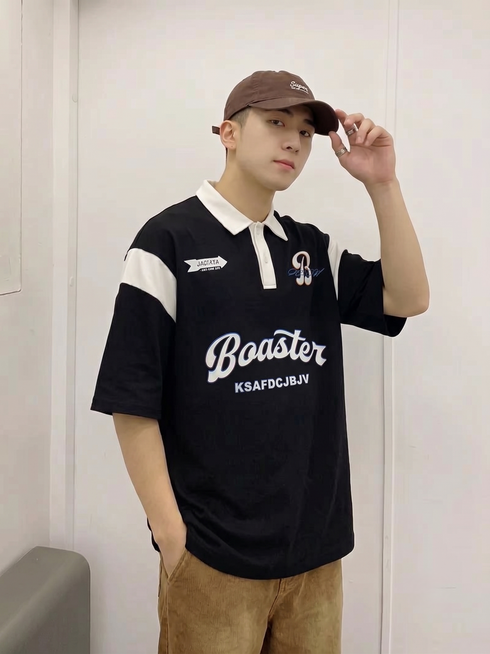 THALASI Men's Varsity 'Boaster' Polo Graphic T-Shirt | Black Streetwear