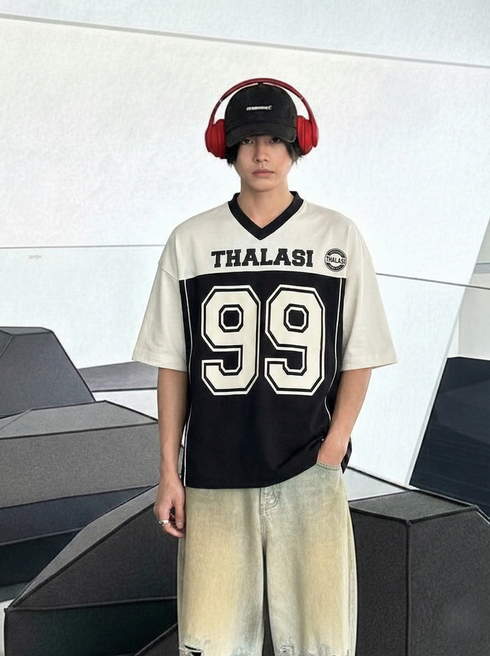 THALASI Men's Oversized V-Neck Graphic T-Shirt | Black & White Streetwear