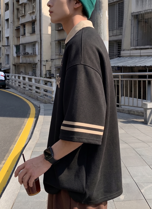 THALASI Men's Black Oversized Polo T-Shirt | Streetwear Typography Tee
